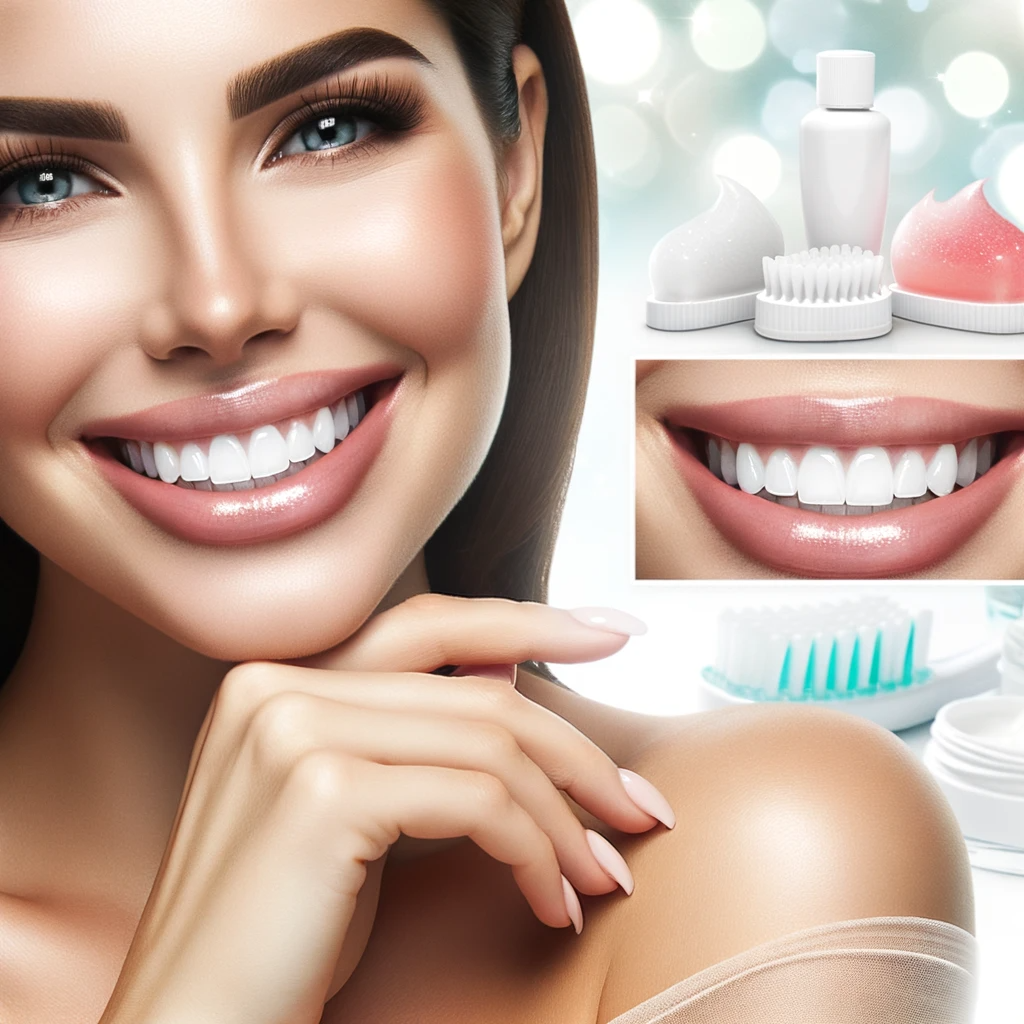 Confident woman showcasing a radiant smile with visibly brighter teeth, with a subtle backdrop of various teeth whitening products.