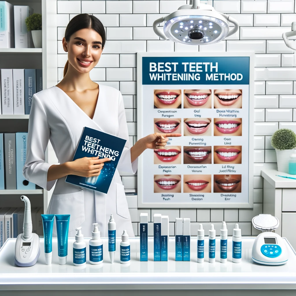 Dental professional showcasing a range of teeth whitening products and methods, with a prominent poster illustrating various stages of teeth whitening.